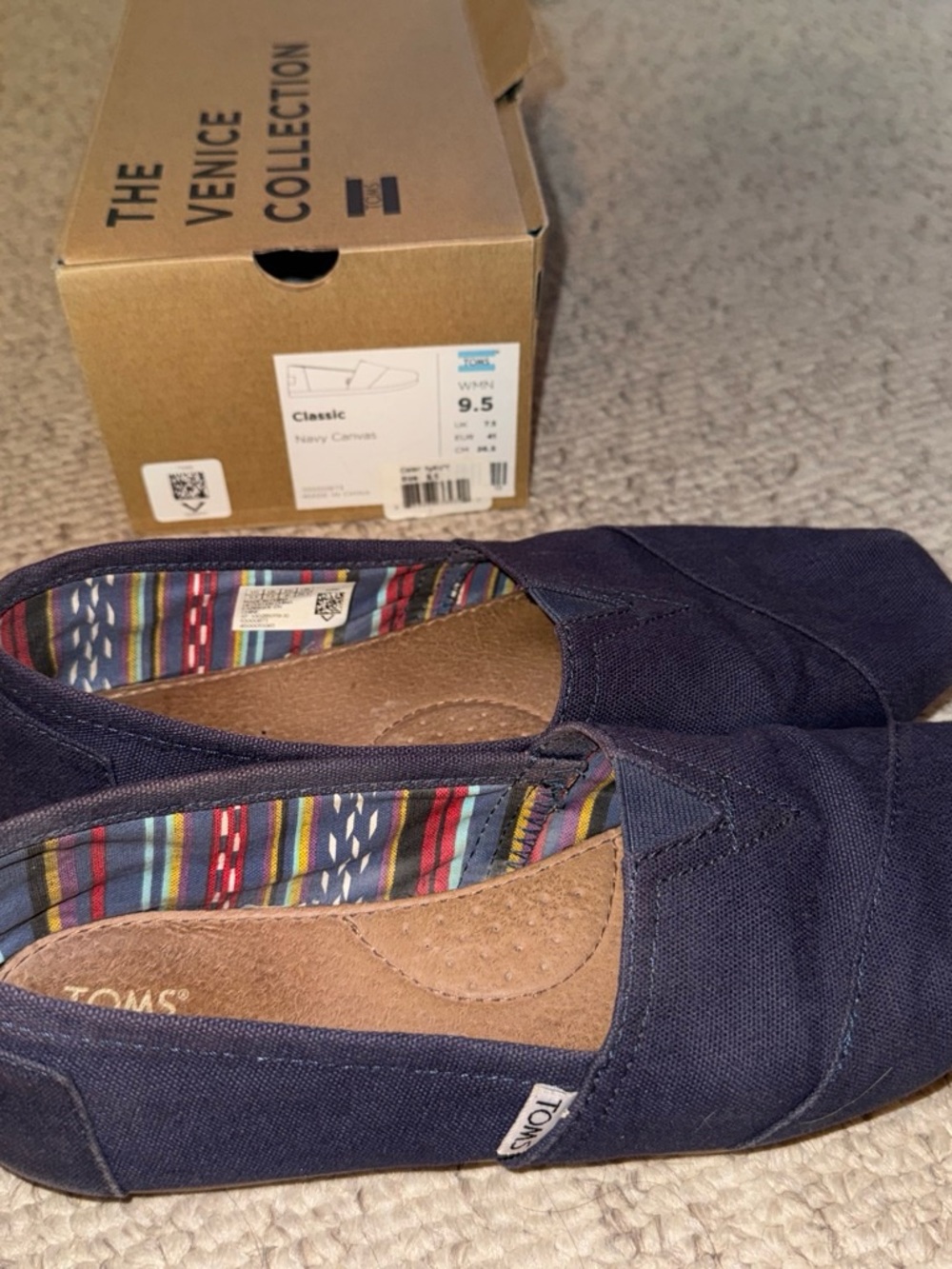 Toms Navy Canvas Slip-On with Multicolor Striped Lining